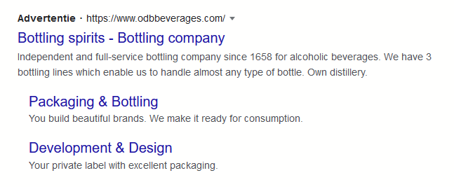 Een voorbeeld van een advertentie van ODB beverages op Google.