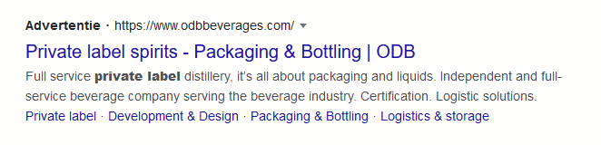 Een voorbeeld van een advertentie van ODB beverages op Google.