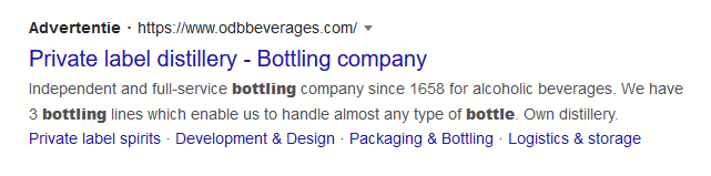 Een voorbeeld van een advertentie van ODB beverages op Google.